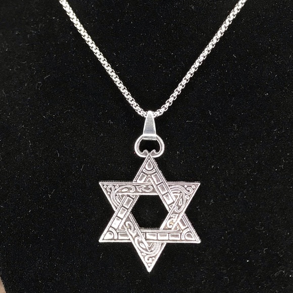 Vintage Hexagram Pendant Necklace Men Fashion Stainless Steel Box Chain - Picture 2 of 8